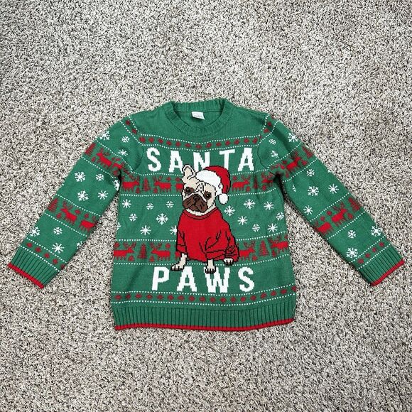 Holiday Time Kids Sz M 8 Green Christmas Sweater Santa Paws Pug Dog Ugly Sweater - Picture 2 of 9